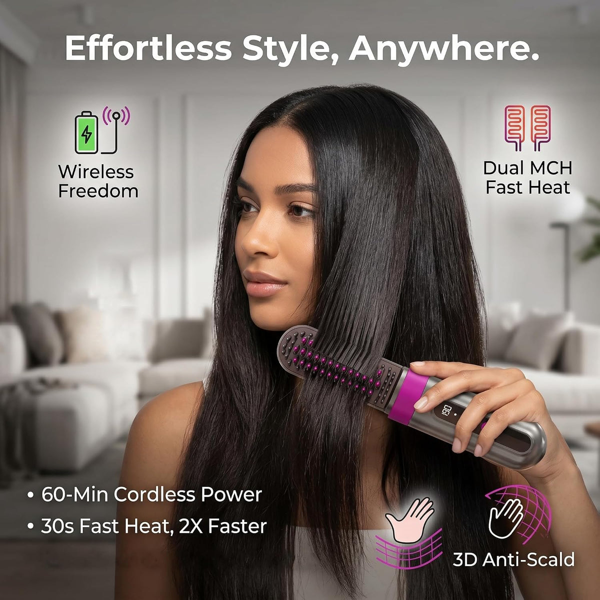 Go Brush Pro 2026 Upgraded Cordless Hair Straightener Brush, Ionic Anti-Frizz, MCH Fast Heating, Anti-Scald, 3 Heat Levels, 4000mAh Type-C Fast Charging, Portable Travel Styling Tool for Women