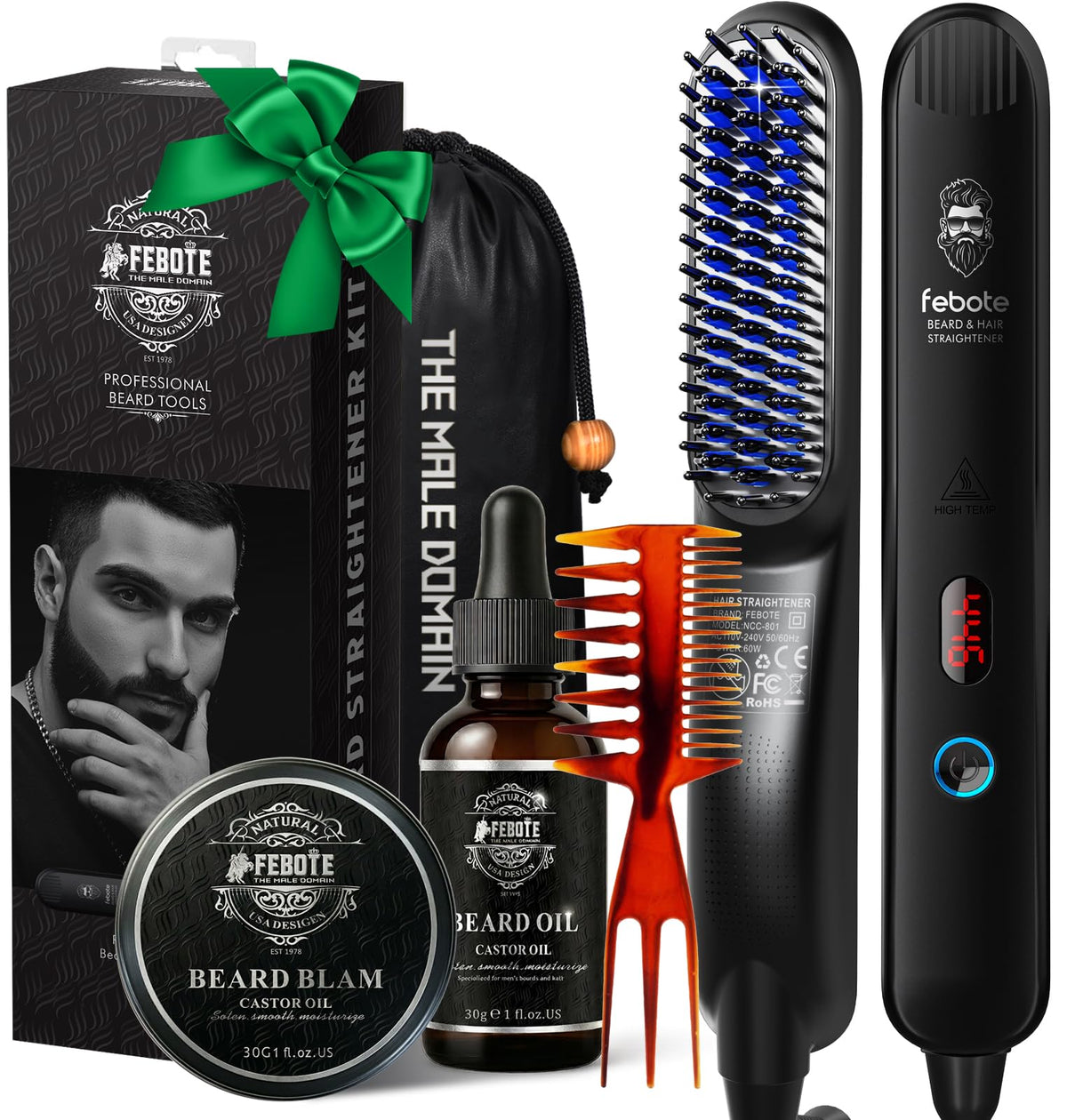 Heated Ionic Hair Straightening Brush for Men - 5 Temperature Settings, Anti-Scald, Beard Shaper & Travel Bag