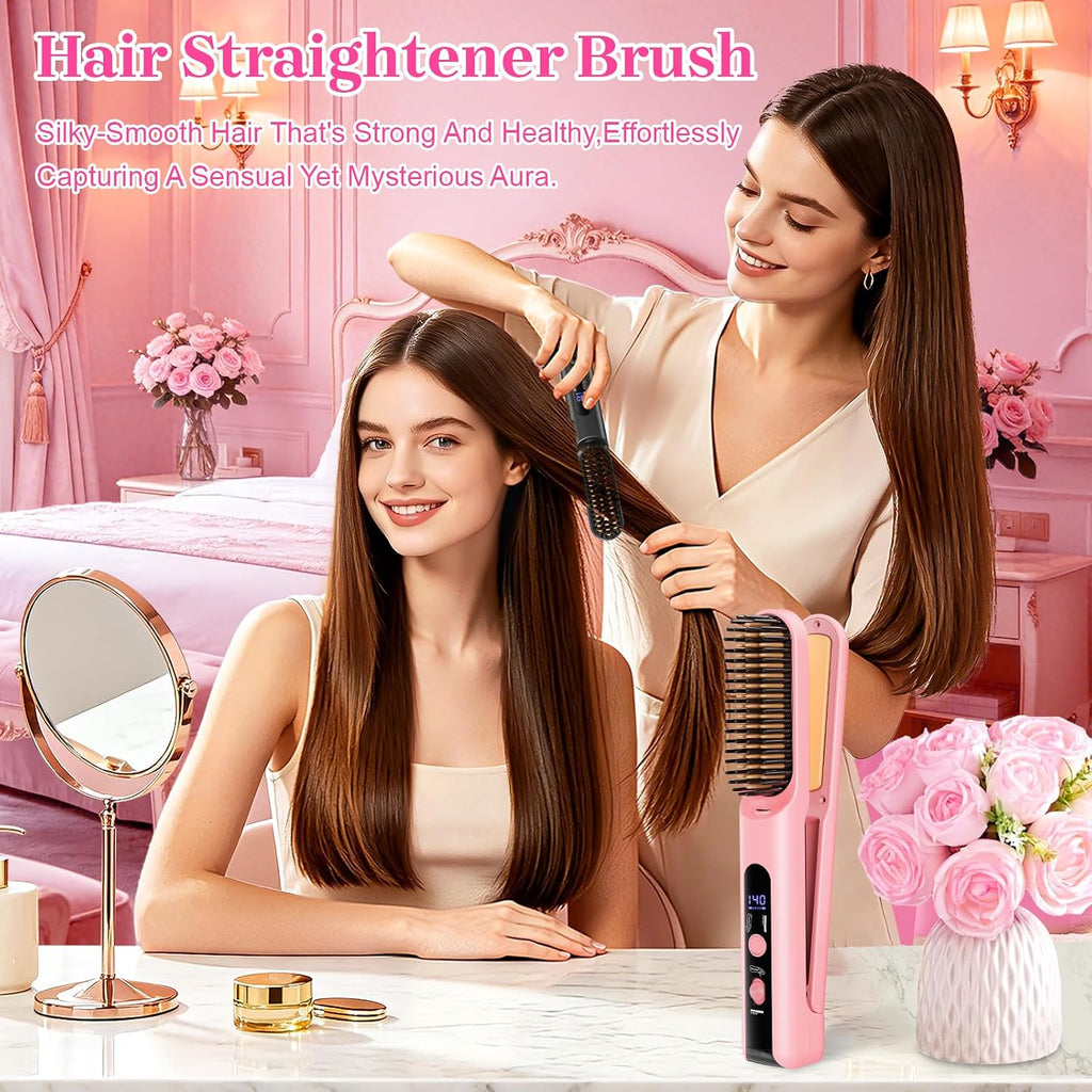 Portable Travel Heated Comb for Women Cordless Hair Straightener Brush, 2-in-1 Straightening & Curling Brush for Short Hair, 4 Temps Fast Heating, Compact Mini Hair Styling Tools for Long Hair