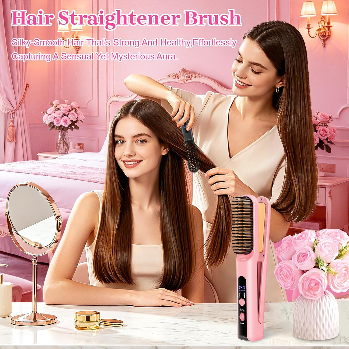 Portable Travel Heated Comb for Women Cordless Hair Straightener Brush, 2-in-1 Straightening & Curling Brush for Short Hair, 4 Temps Fast Heating, Compact Mini Hair Styling Tools for Long Hair