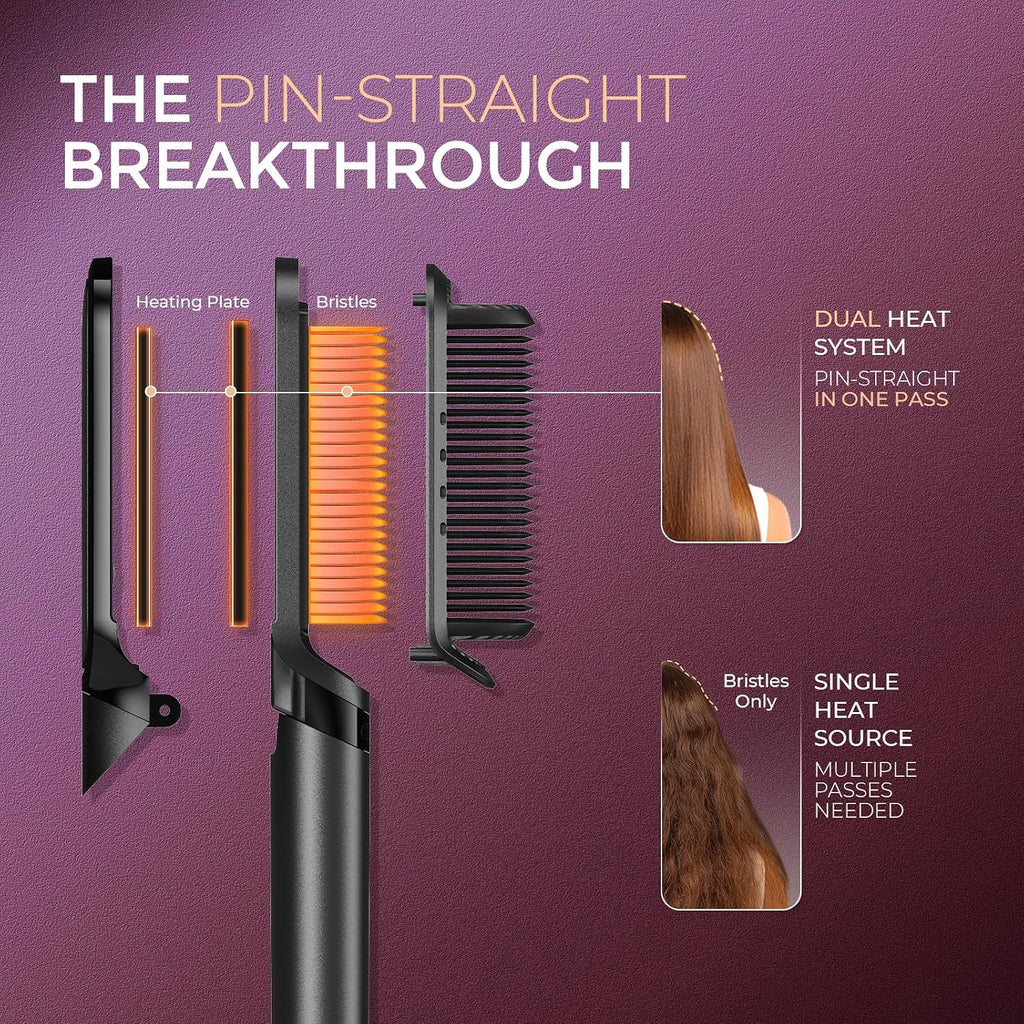 TYMO Flat Iron Hair Straightener Brush 2 in 1, 200M Ions Ceramic Hot Comb