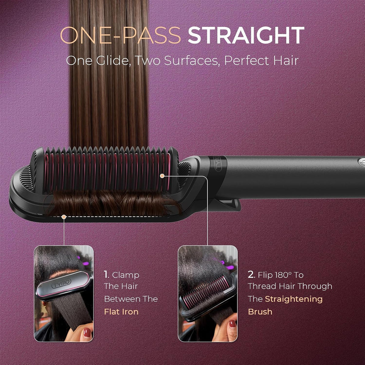 TYMO Flat Iron Hair Straightener Brush 2 in 1, 200M Ions Ceramic Hot Comb