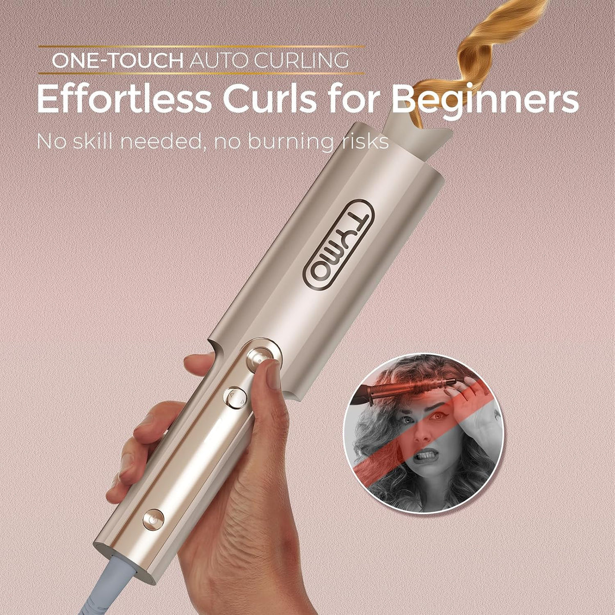 TYMO CurlPro Plus Automatic Rotating Curling Iron - Upgraded Long Barrel Curling Wand for Beach Waves & Long Hair, Ceramic Hair Curler for Women, Anti-Scald, 600M Ionic, Dual Voltage, Gold, 1 Inch